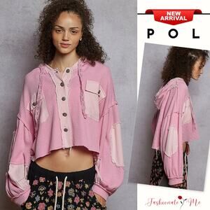 POL Raw Hem Distressed Long Sleeves Relaxed Fit Cropped Hooded Jacket | Fuchsia
